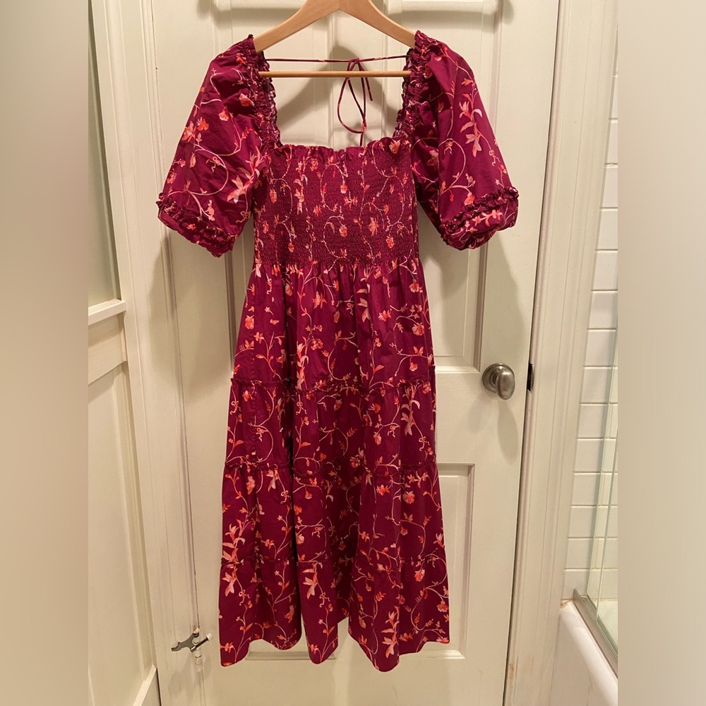 HILL HOUSE HOME Nesli Nap Midi Dress Burgundy Botanical Poplin Medium
